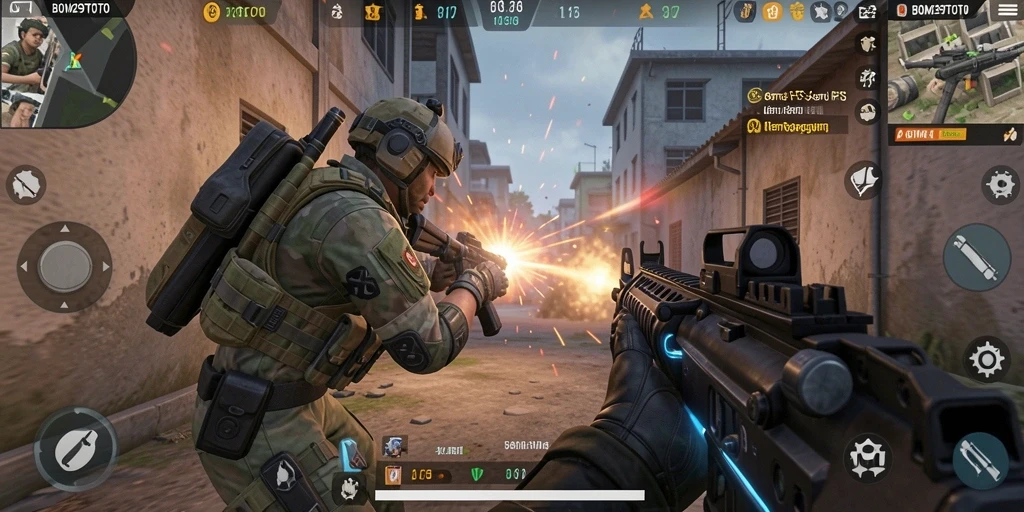 Tampilan menegangkan dalam gameplay BOM29TOTO dengan aksi tembak-menembak.