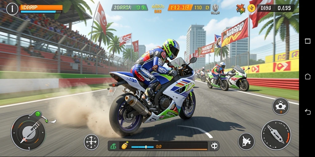 Tampilan gameplay balapan motor yang mendebarkan dan menantang.