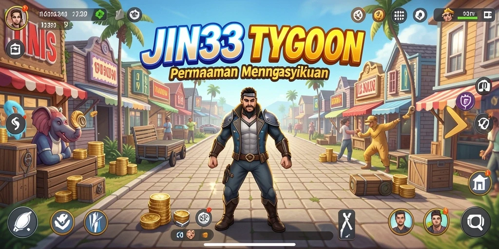 Tampilan gameplay menarik dalam JIN33 yang menggambarkan simulasi bisnis.