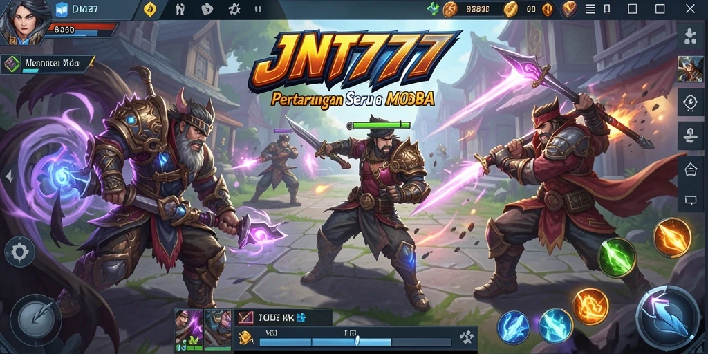 Screenshot menunjukkan pertarungan epik di arena JNT777 dengan karakter yang beraksi.
