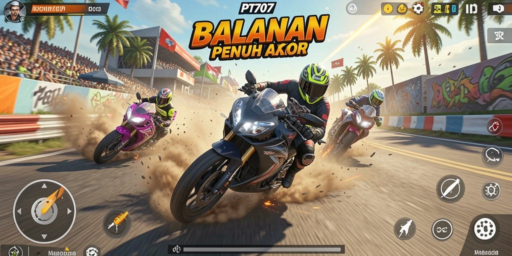 Screenshot gameplay PT707 menampilkan aksi balapan motor yang intens.